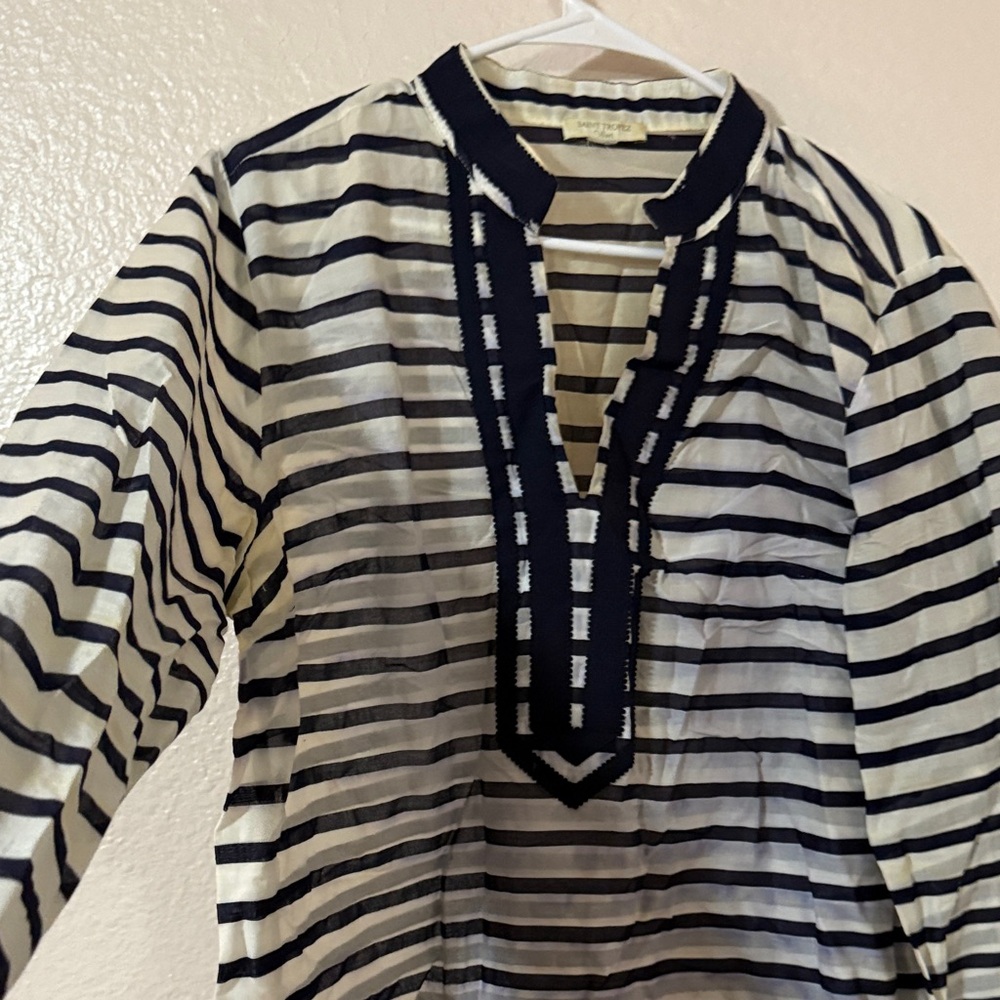 Saint Tropez West Navy and Cream Striped Top Sz L - Picture 4 of 10